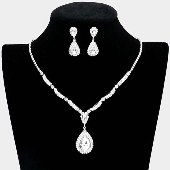 Clear Teardrop Stone Accented Rhinestone Necklace Set - Picture 1 of 4
